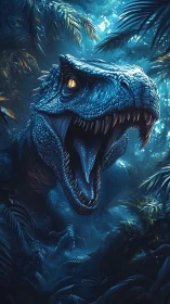Predatory dinosaur roars amid glowing blue jungle shadows.