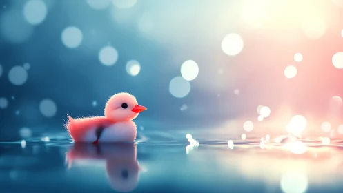 Serene Pink Duckling Floats on Dreamy Water with Bokeh Light