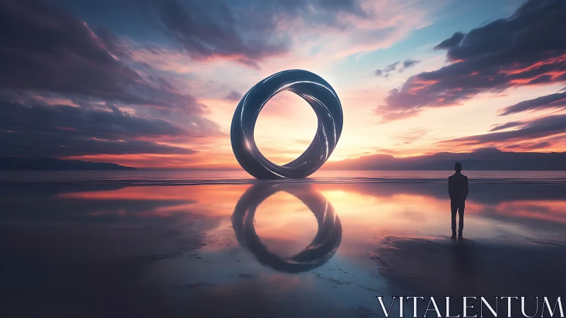 Reflective torus sculpture dominates tidal flat under luminous sunset