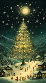 Snowy village gathers under towering illuminated Christmas tree