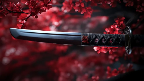 Katana blade poised amid crimson cherry blossoms at dusk.