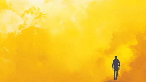 Silhouette of solitary figure against expansive yellow field.