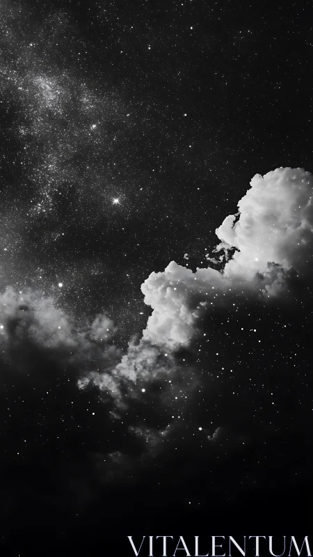 Monochrome night sky merges dense stars and storm cloud.