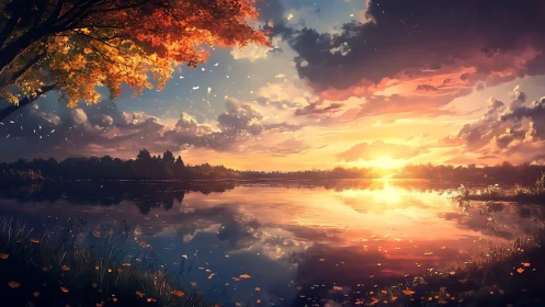 Sunset light reflects across calm autumn lake surface