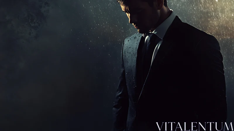 Man in formal suit stands in rain under low key lighting