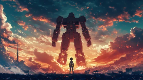 Colossal mecha silhouette confronts lone child at blazing sunset