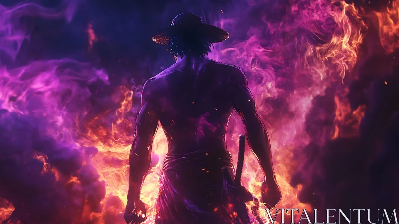 Backlit warrior silhouette emerges through magenta-orange flames