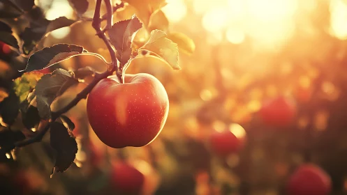 Backlit ripe apple in shallow depth orchard scene at golden hour