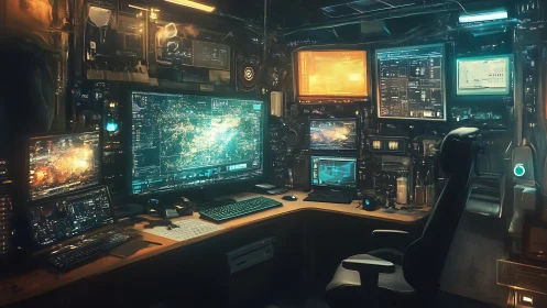 Cyber operations command desk with multi-screen telemetry grid.