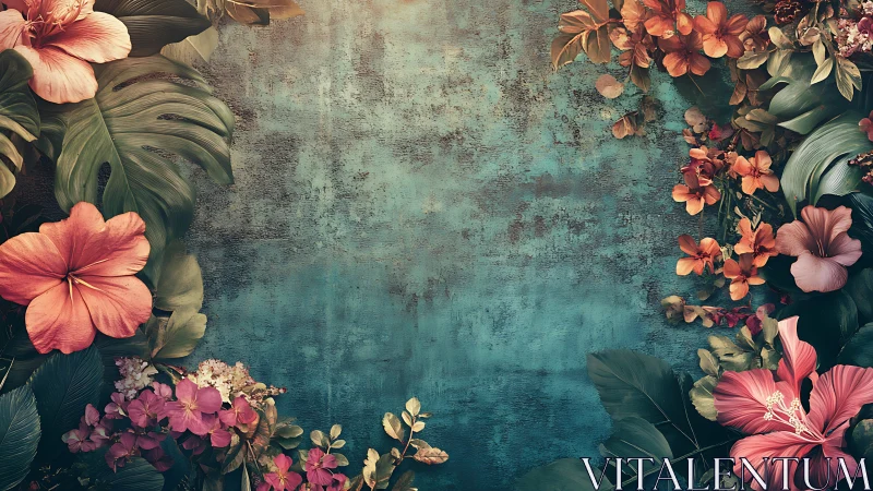 Vintage Blooms Dance on Weathered Turquoise Canvas.