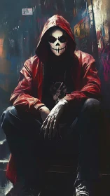 Hooded skull-masked figure waits in moody neon alleyway.