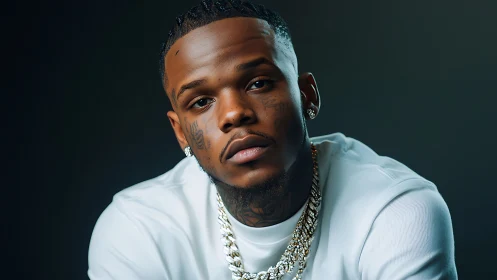 Stoic gaze leans toward camera while chains softly gleam