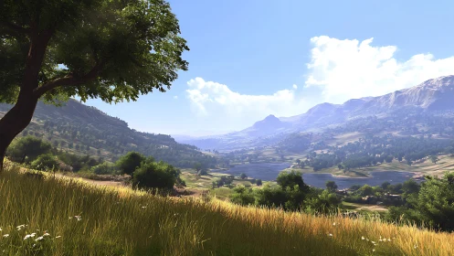 Sunlit valley landscape with distant blue mountains panorama.