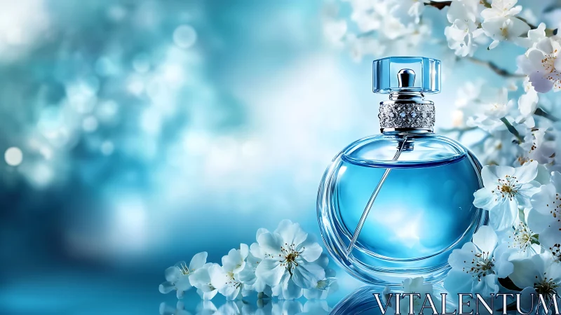 Blue blossom perfume bottle in a dreamy spring glow.