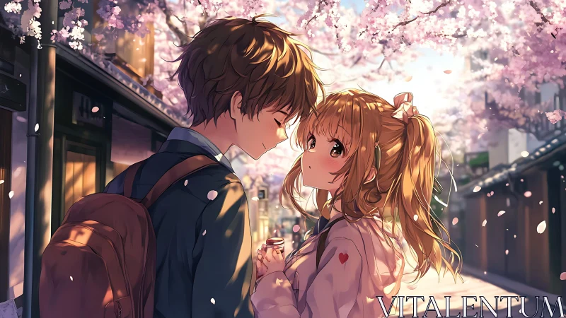 Two school lovers share a tender moment under cherry blossoms