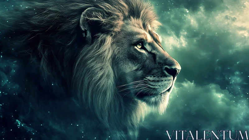 Majestic cosmic lion gazes into a swirling teal galaxy.