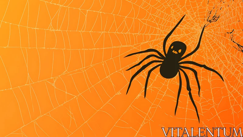 Graphic Halloween spider silhouette on radial orange web field.
