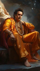 Regal ascetic seated in saffron robes and layered malas.