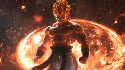 Explosive golden-haired warrior rendered in dramatic digital lighting