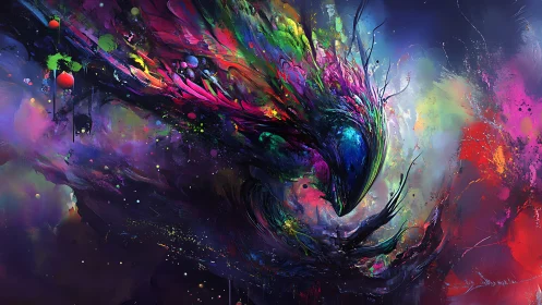 Digital abstract composition renders central avian-like form