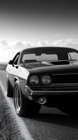 Classic muscle car cruising a quiet open highway at dawn.