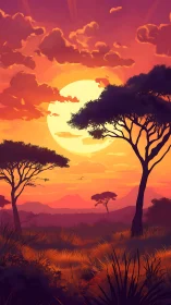 Layered savanna sunset with acacia silhouettes and volumetric sky