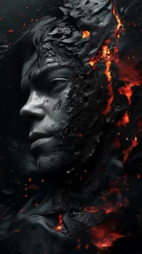 Volcanic human visage dissolving into molten embers.