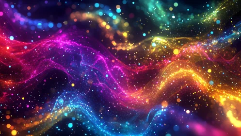 Prismatic stardust rivers swirl through a neon cosmic night.