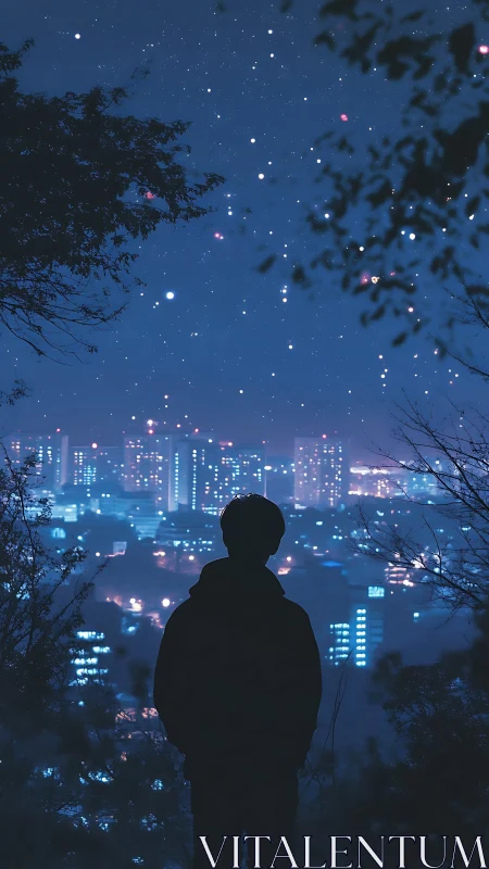 Silhouetted observer over bokeh-lit nocturnal cityscape panorama.