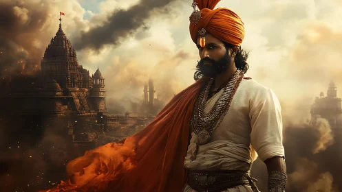 Storm-wreathed warrior prince guards smoldering temple skies.