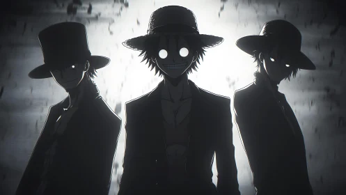 Shadowed trio with glowing eyes emerge from monochrome haze