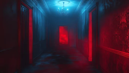 Long corridor shows red backlit doorway under blue chandelier