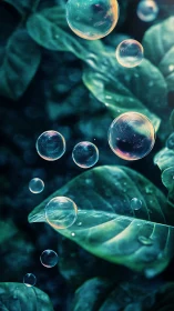 Digital painting of iridescent bubbles over lush foliage study.