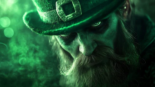 Close-up portrait shows green-lit bearded figure in hat