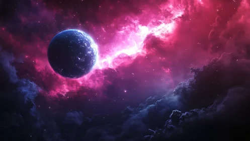 Dreamy pink nebula embracing a quiet, distant planet.