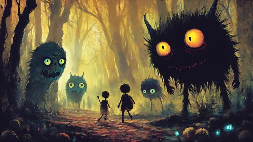 Children walk through forest corridor flanked by creatures