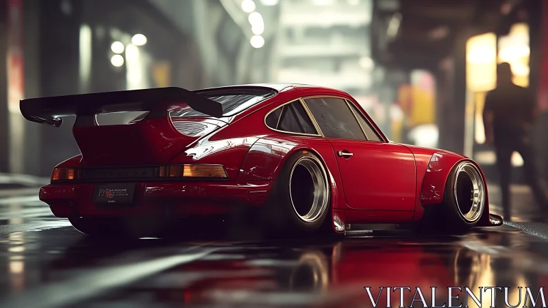 Widebody red sports coupe idles on wet neon city street