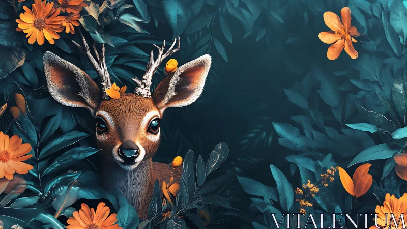 Gentle forest fawn peeking from teal leaves and marigolds.