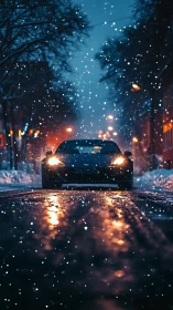 Car with headlights on moves along snowy urban street at dusk