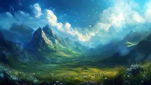 Vast sunlit valley beneath towering blue mountains.