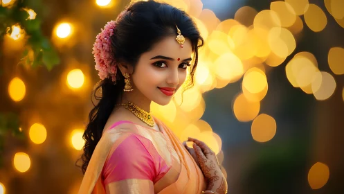 Portrait of saree-clad woman amid golden bokeh illumination.