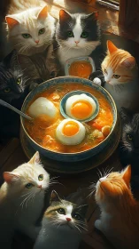 Multiple Cats Surrounding Bowl of Soup with Floating Eggs