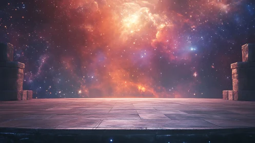 Starlit stone terrace opening onto a glowing cosmic sky.