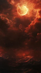 Fiery celestial storm over dark churning cosmic sea.