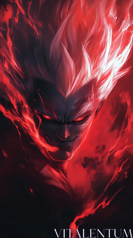 Demonic warrior emerges through crimson inferno shadows.