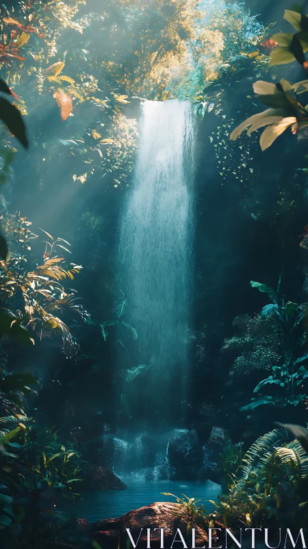 Luminous jungle waterfall with misty pool and dappled light.