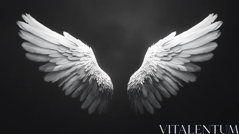 White feathered wings spread on dark gradient background.