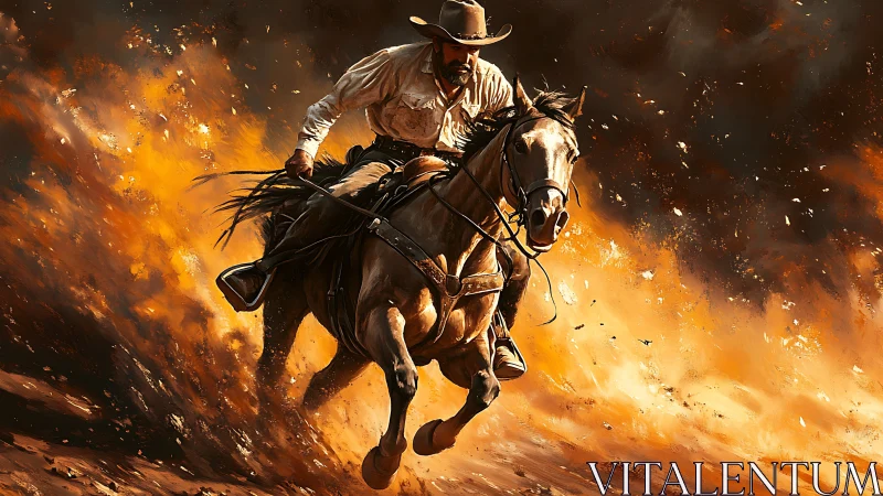 Cowboy charging through blazing dust storm at sunset.