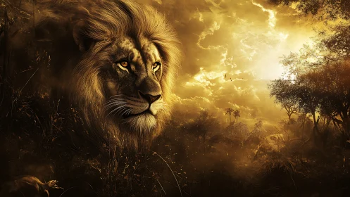 Sun-drenched lion mindfully patrols a molten-gold savanna