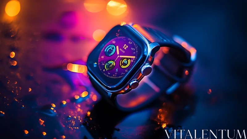 Neon-lit smartwatch close-up with vibrant dial glow.